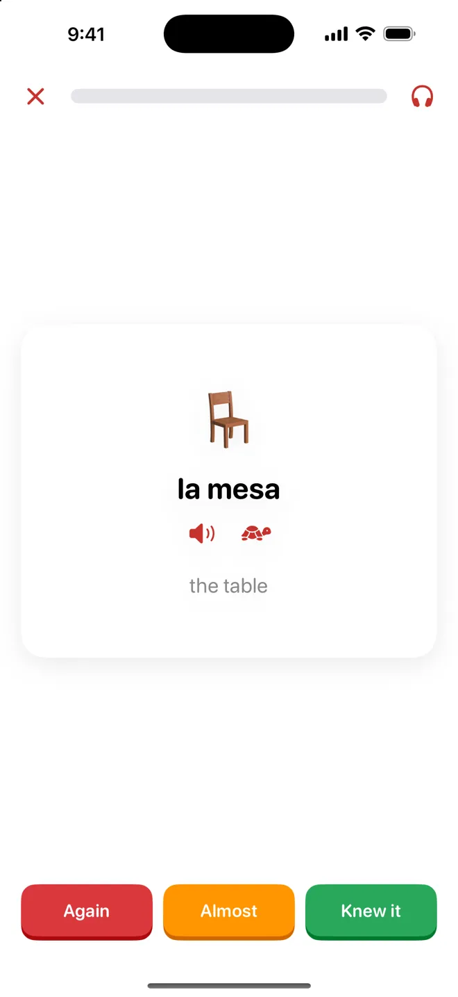 A flipped flashcard, la mesa, the table, with Again, Almost and Knew it buttons