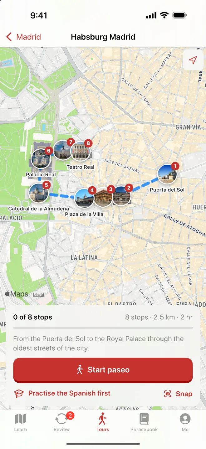 Map of the Habsburg Madrid walk with photo pins for 8 stops and the walking route