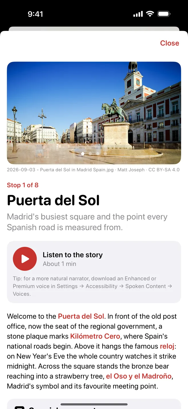 The Puerta del Sol stop page with a photo, Listen to the story, and the story text
