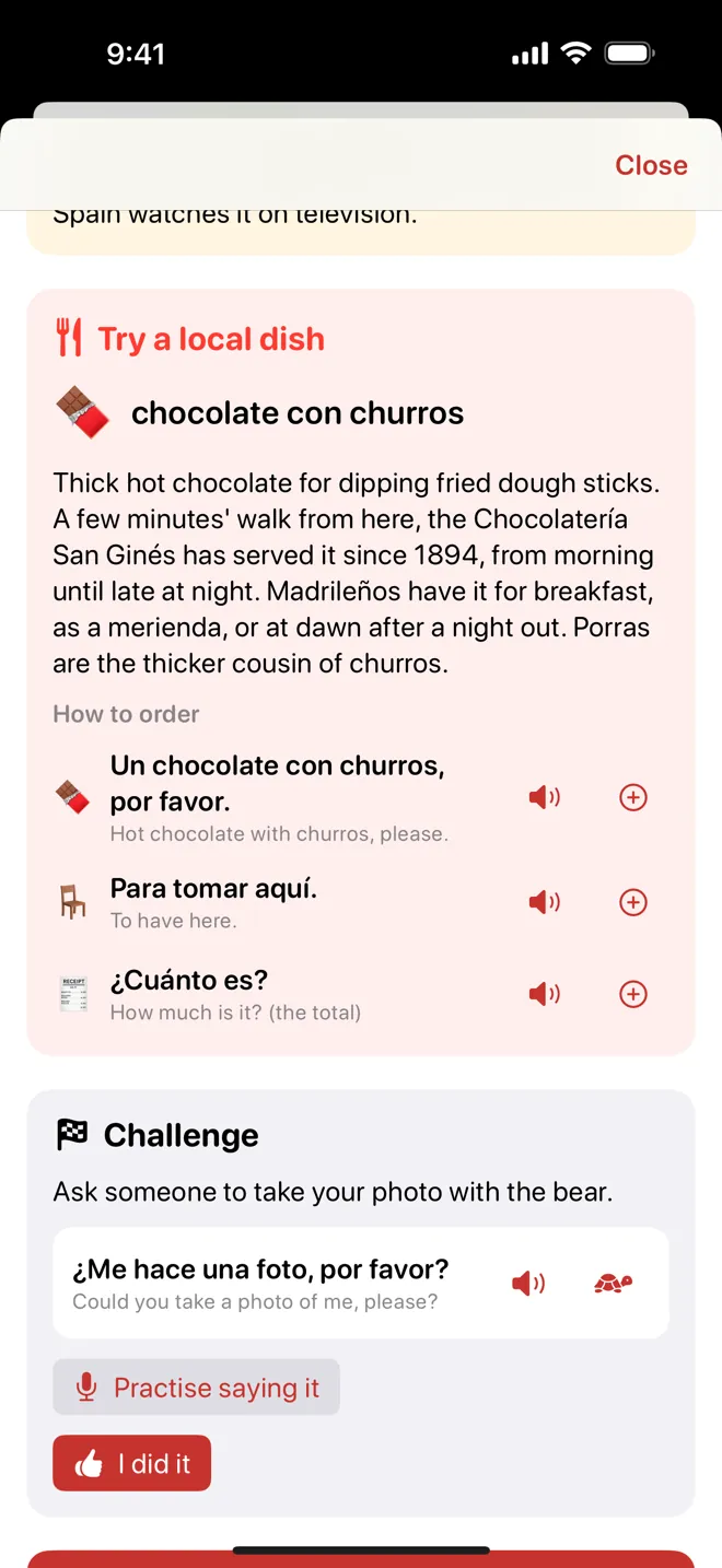 Try a local dish: chocolate con churros, with how to order it in Spanish and a challenge to ask for a photo