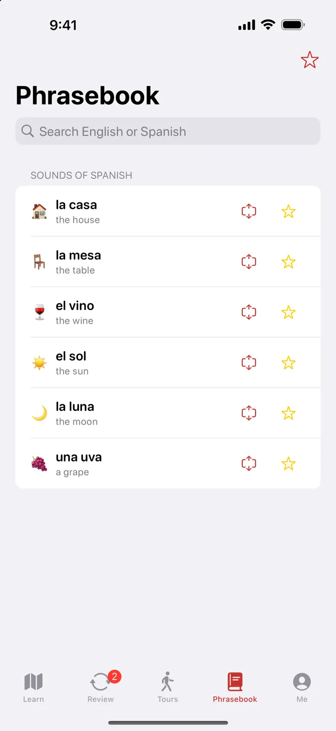 The Phrasebook listing la casa, la mesa, el vino, el sol, la luna and una uva with audio and favourites